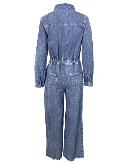 Denim Jumpsuit Long Sleeve With Front Zipper