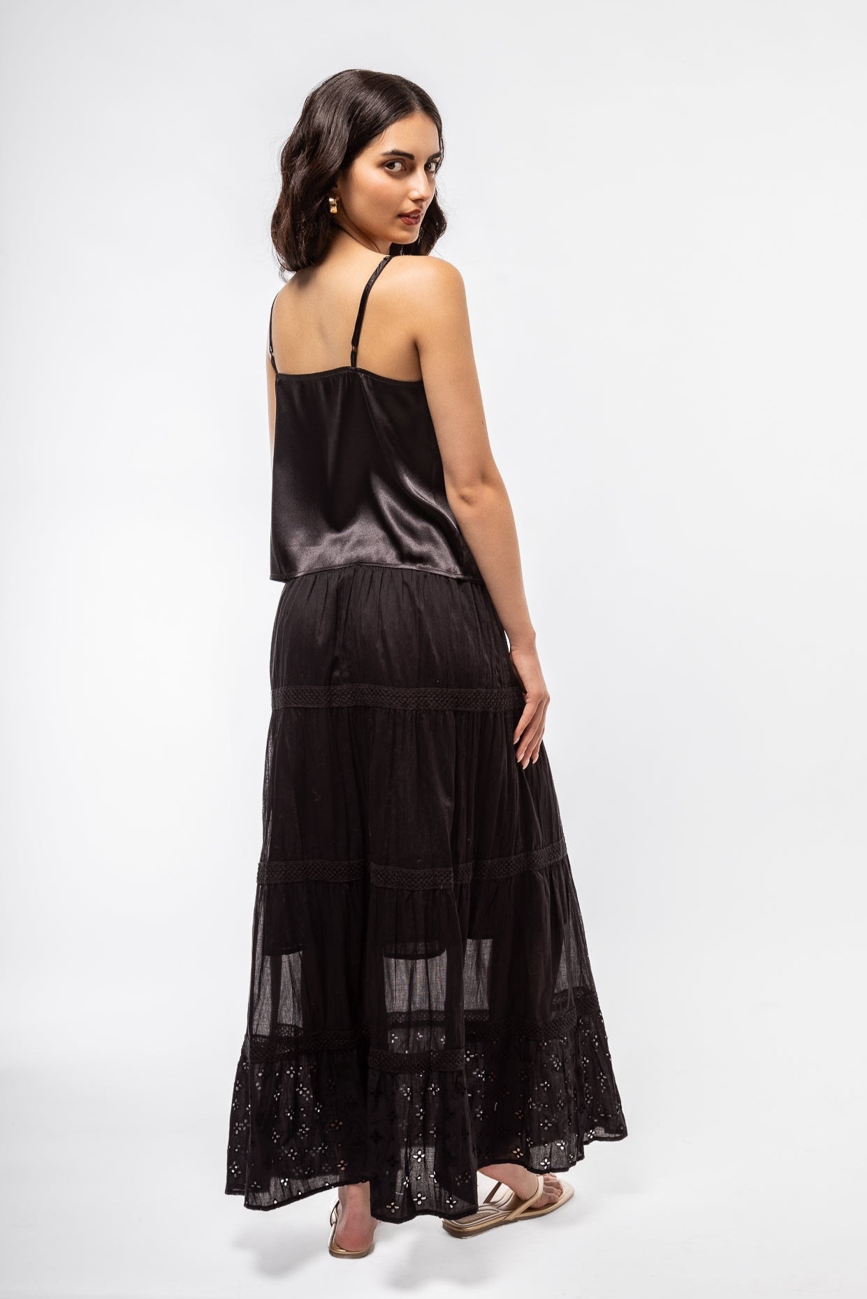 Back View of the Satin Black Top with lace detailing at the front 