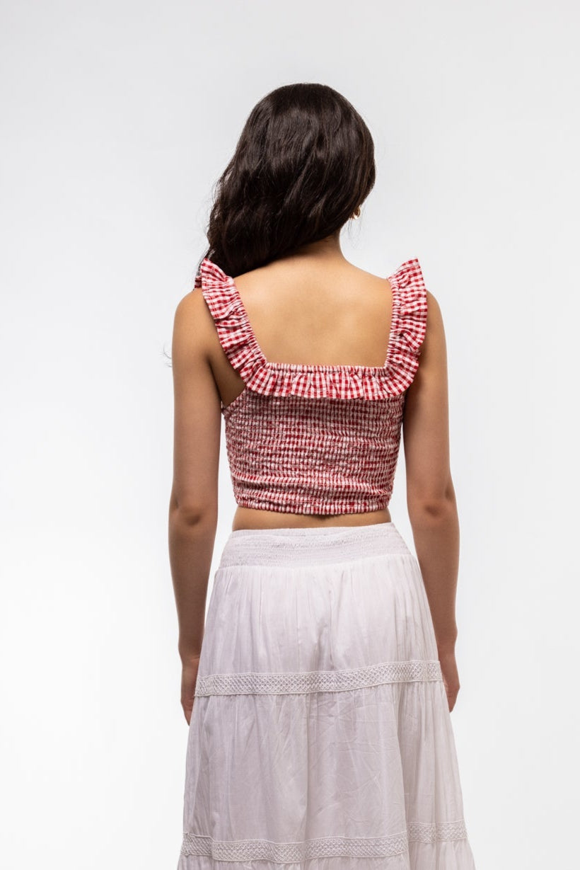 Back of check top with ruffle accents – summer-ready style

