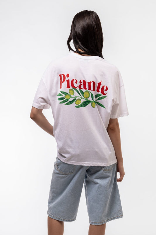 Back view of Olive Branch oversized tee featuring large olive branch print and modern graphic layout


