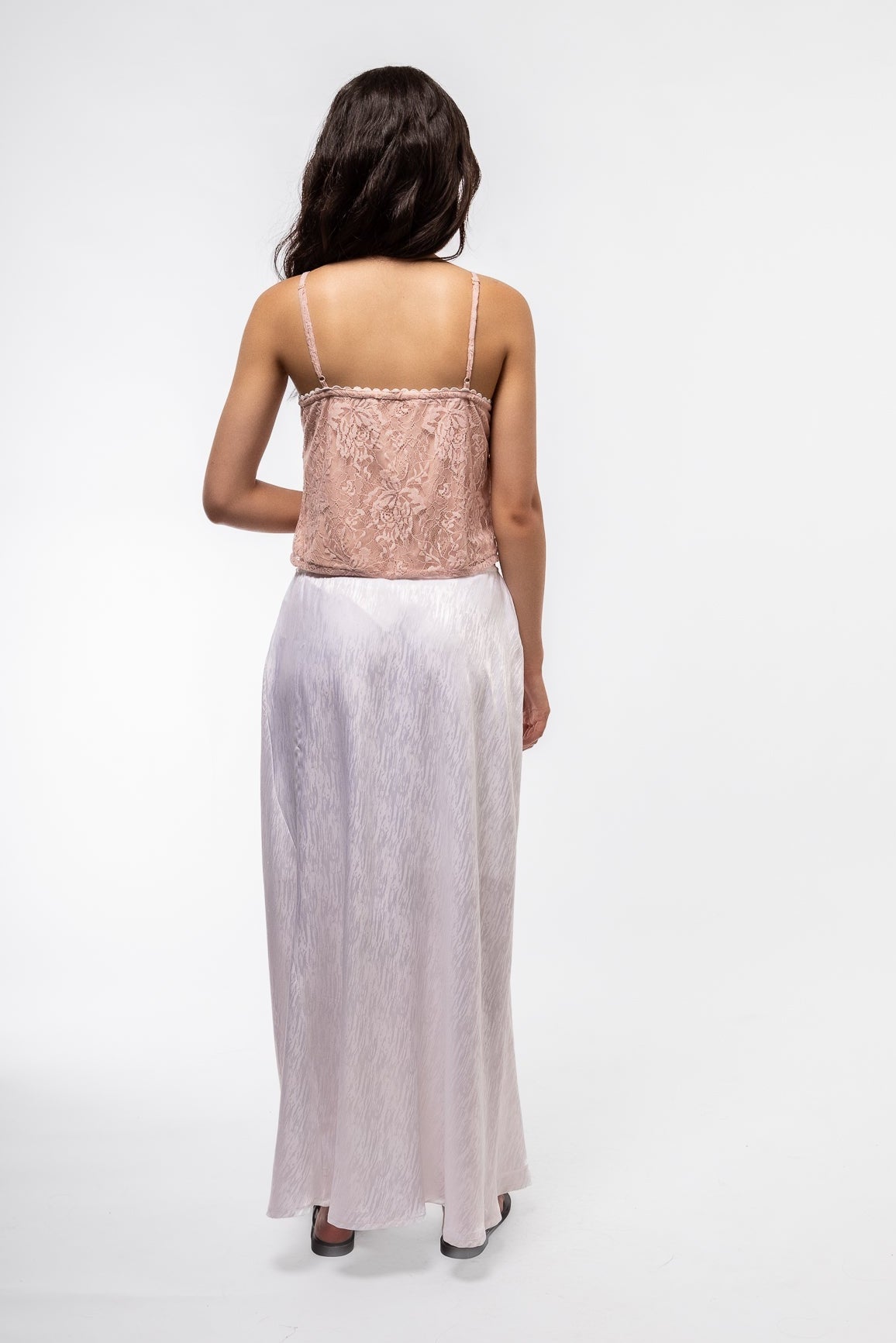 Back view of the pink lace cami top in blush pink 