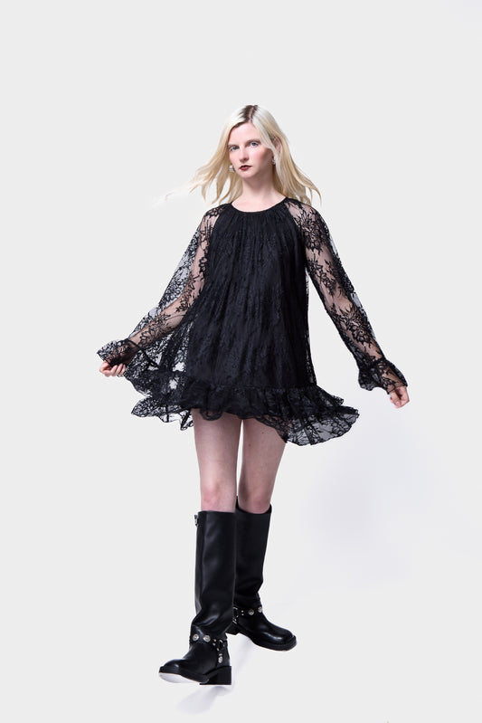 Black Lace Ruffle Mini Dress – Grunge Style