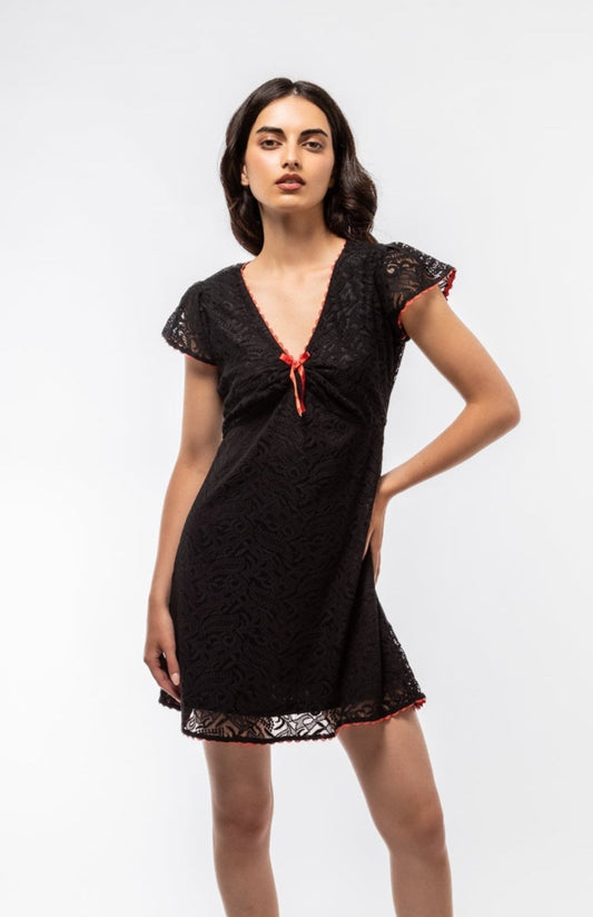 Black Lace Short Sleeve Mini Dress – Front Angle