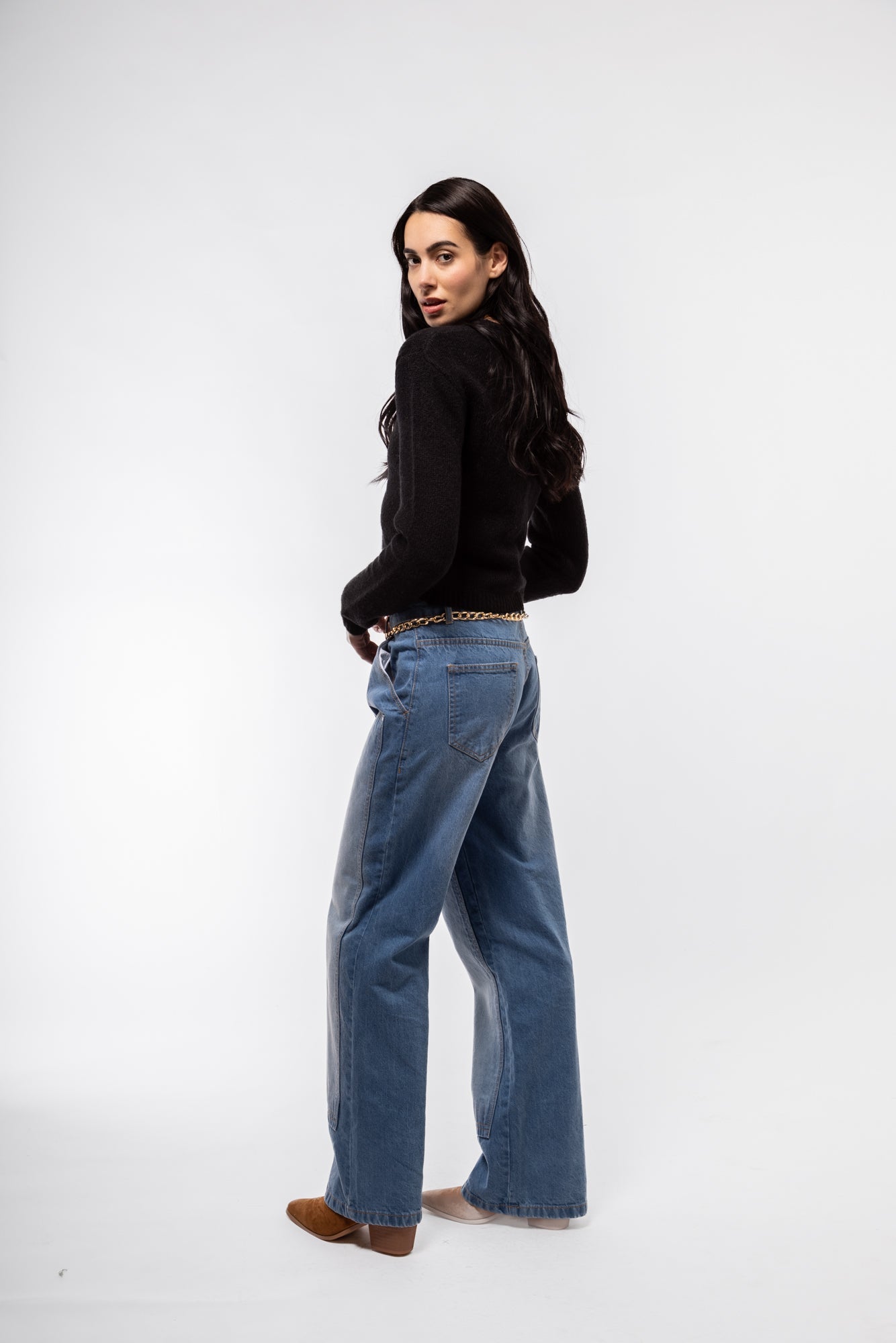 Black cardigan profile – buttoned front and crew neckline

