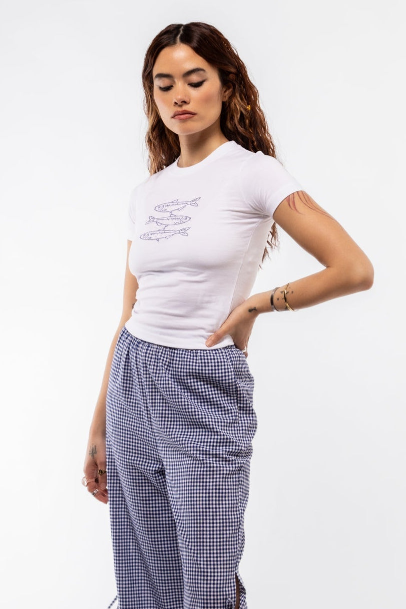 Blue Sardines tee front shot showcasing sparkling fish illustration and classic crewneck fit

