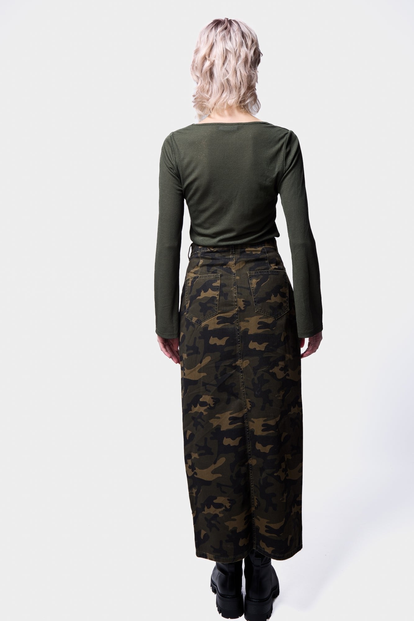 Camo-Midi-Denim-Skirt-With-Front-Slit-Women's-Fashion