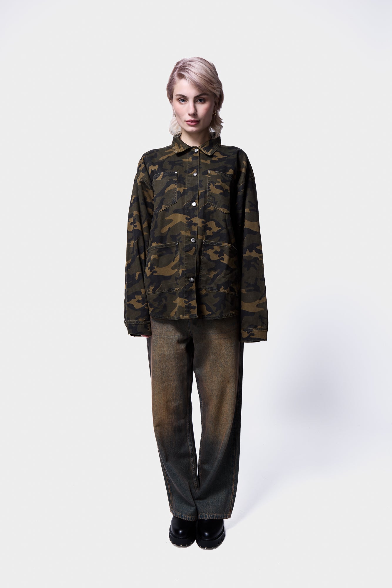 Camo Oversized Jacket model wearing full body image 