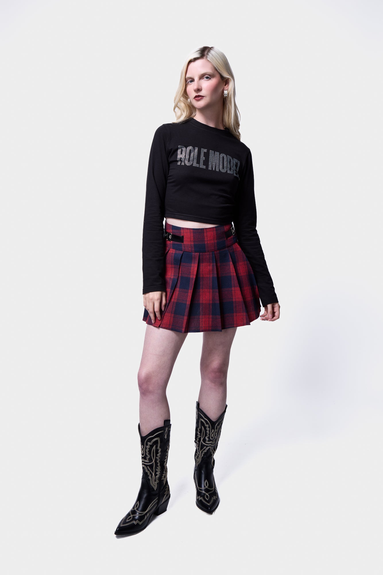 Check Buckle Pleat Mini Skirt SILKROAD DAUGHTERS