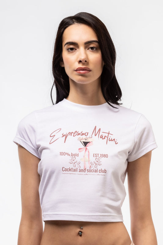 Close-up front image of Espresso Martini tee highlighting trendy espresso martini print and ribbed neckline

