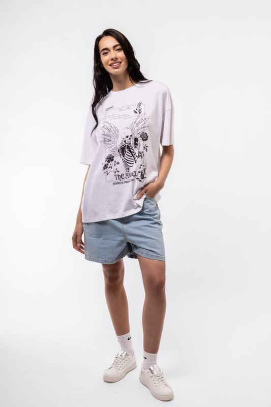 Close-up front image of oversized tee highlighting playful skeleton selfie artwork and soft cotton texture

