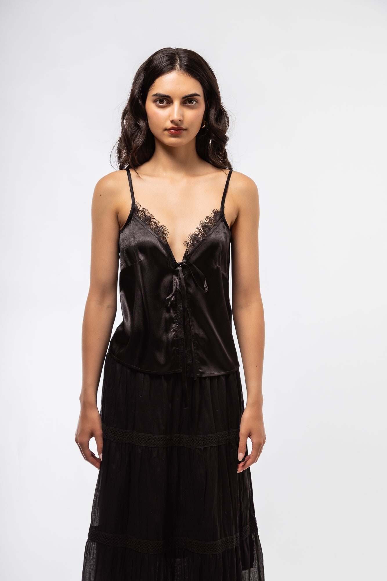 Close Up detail of the black satin top with lace 