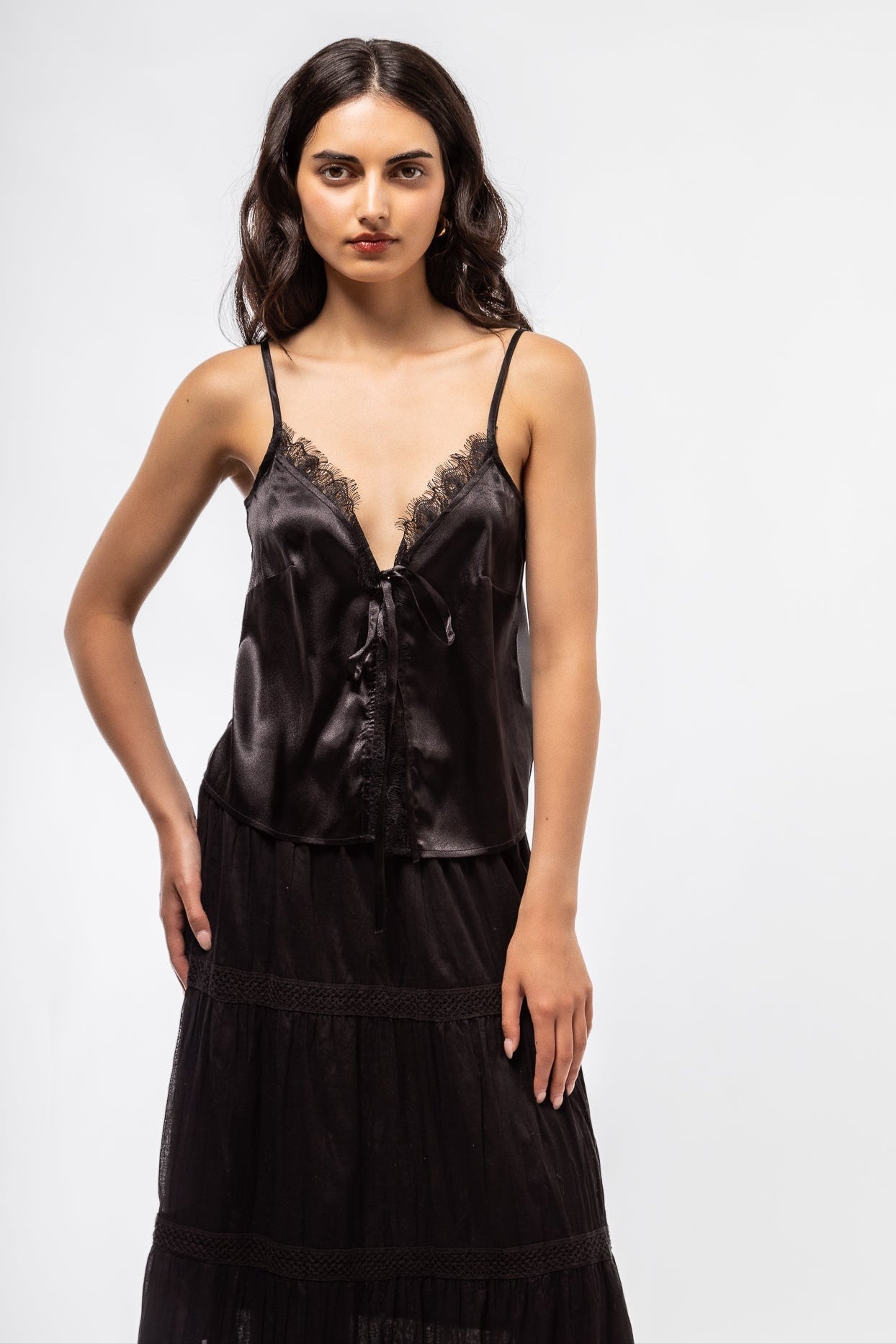 Close Up of the Black Satin Top with lace detail 