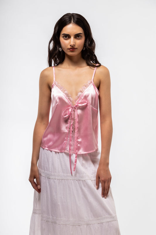 Close Up of the Light pink Satin op with lace detail 