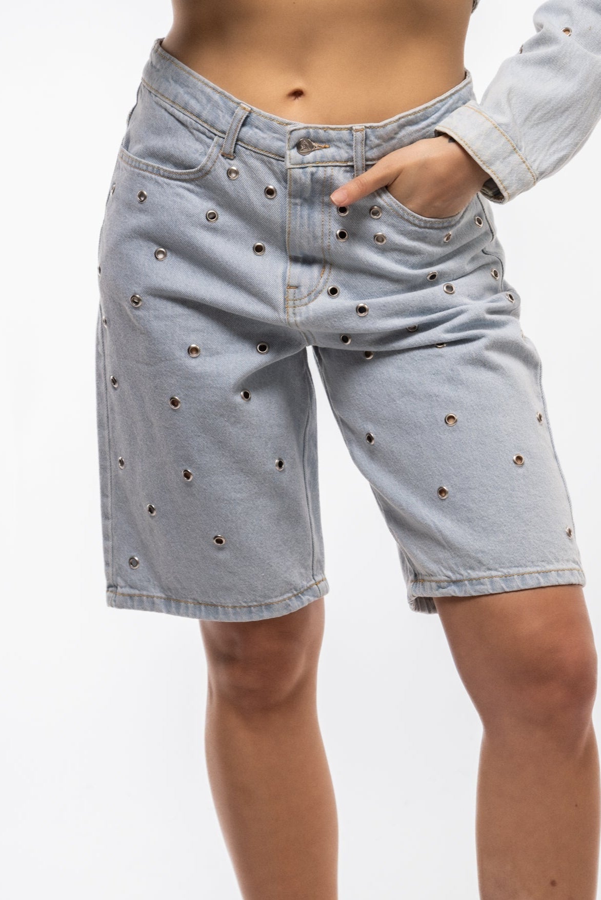 Close Up of the Stud Denim Jorts 