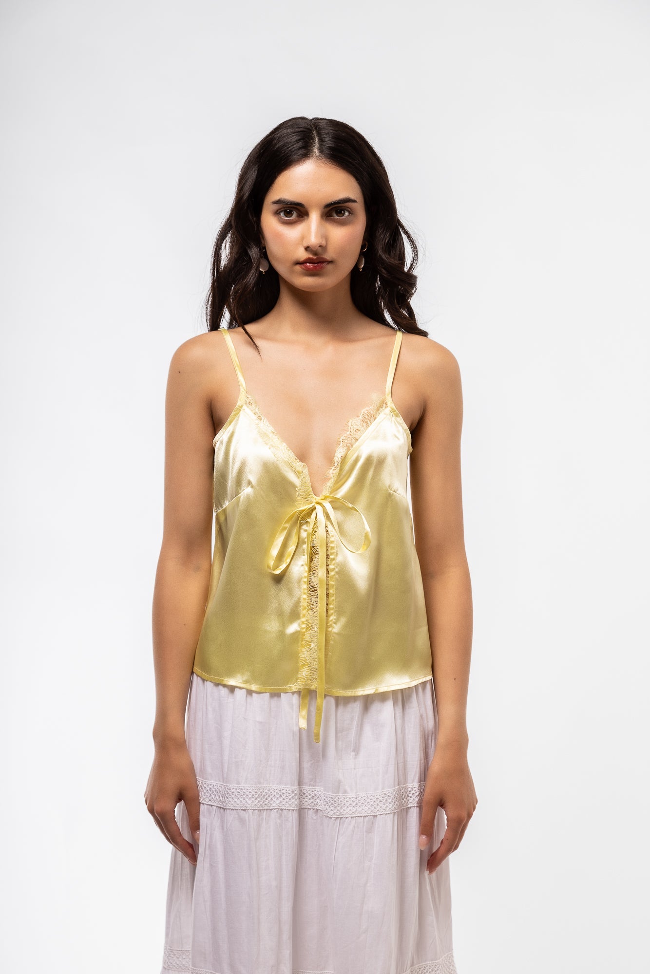 Close up of Model wearing the Lemon Yellow Satin top front view 