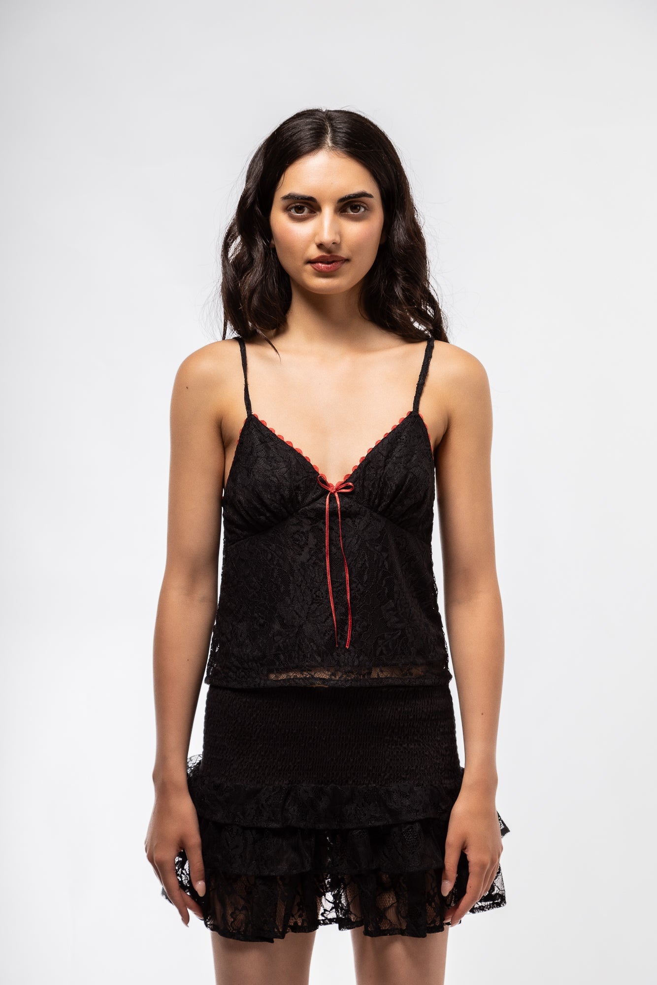 Close up of the black cami lace top 