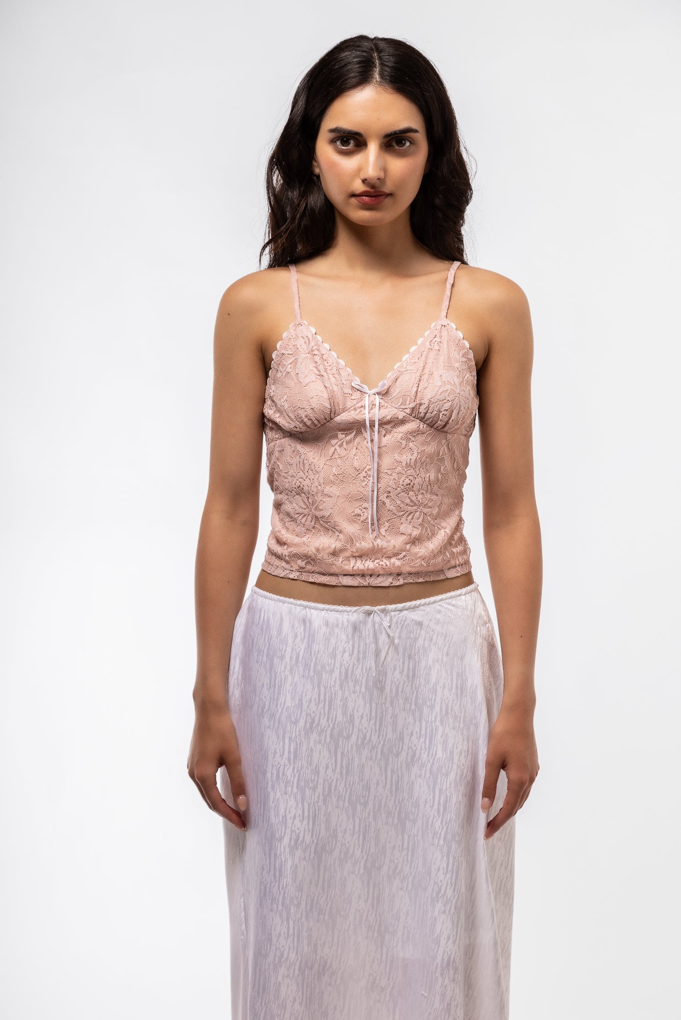 Close up view of the Blush Pink Cami Lace Top 