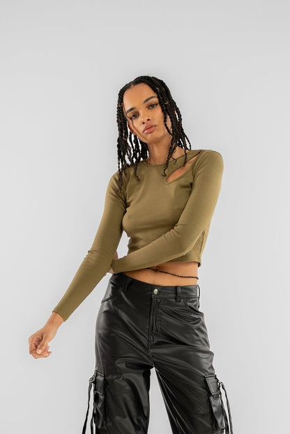 Martini Olive Cut Out Long Sleeve Rib Crop Top