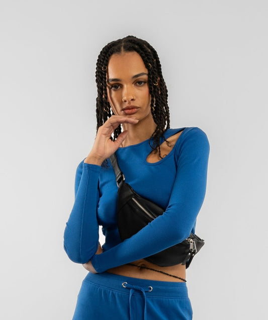 Midnight Blue Cut Out Long Sleeve Rib Crop Top