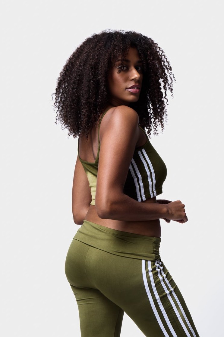 Detail of khaki Stripe Cropped Cami Top - A close-up of the stripe detailing on a black cropped cami top.