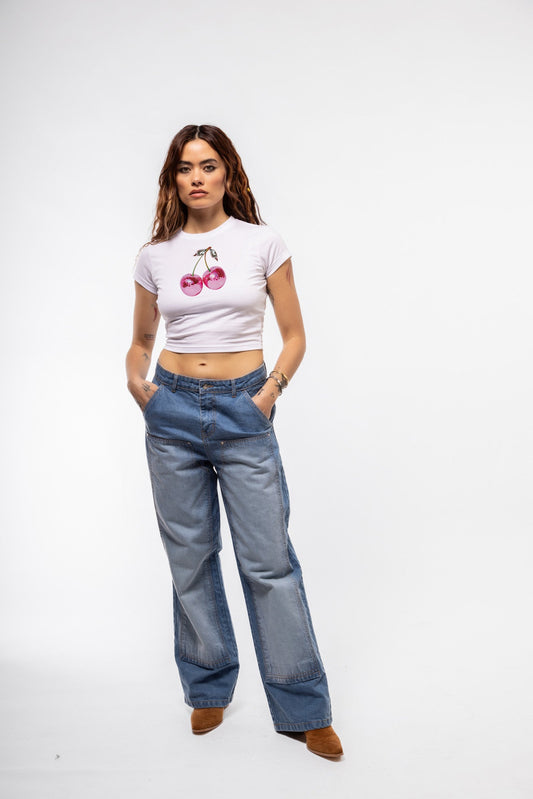 Disco Cherries graphic tee front shot showcasing glittery fruit design and snug crewneck cut

