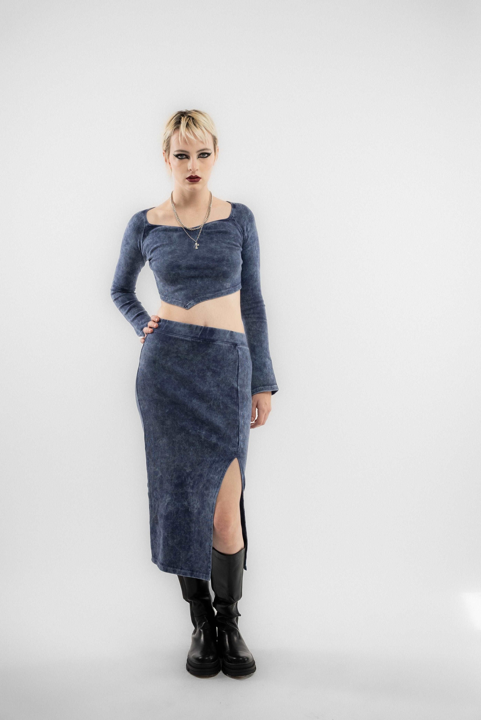 Denim-Blue Acid Wash Side Slit Midi Skirt