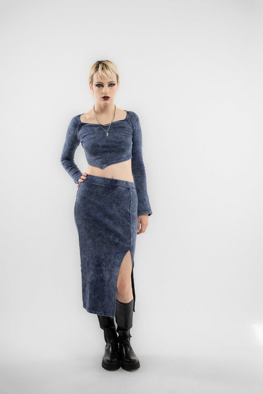 Denim-Blue Acid Wash Side Slit Midi Skirt