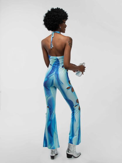 Ombre Blue Effect Flower Cut Out Halter-Neck Flared Jumpsuit