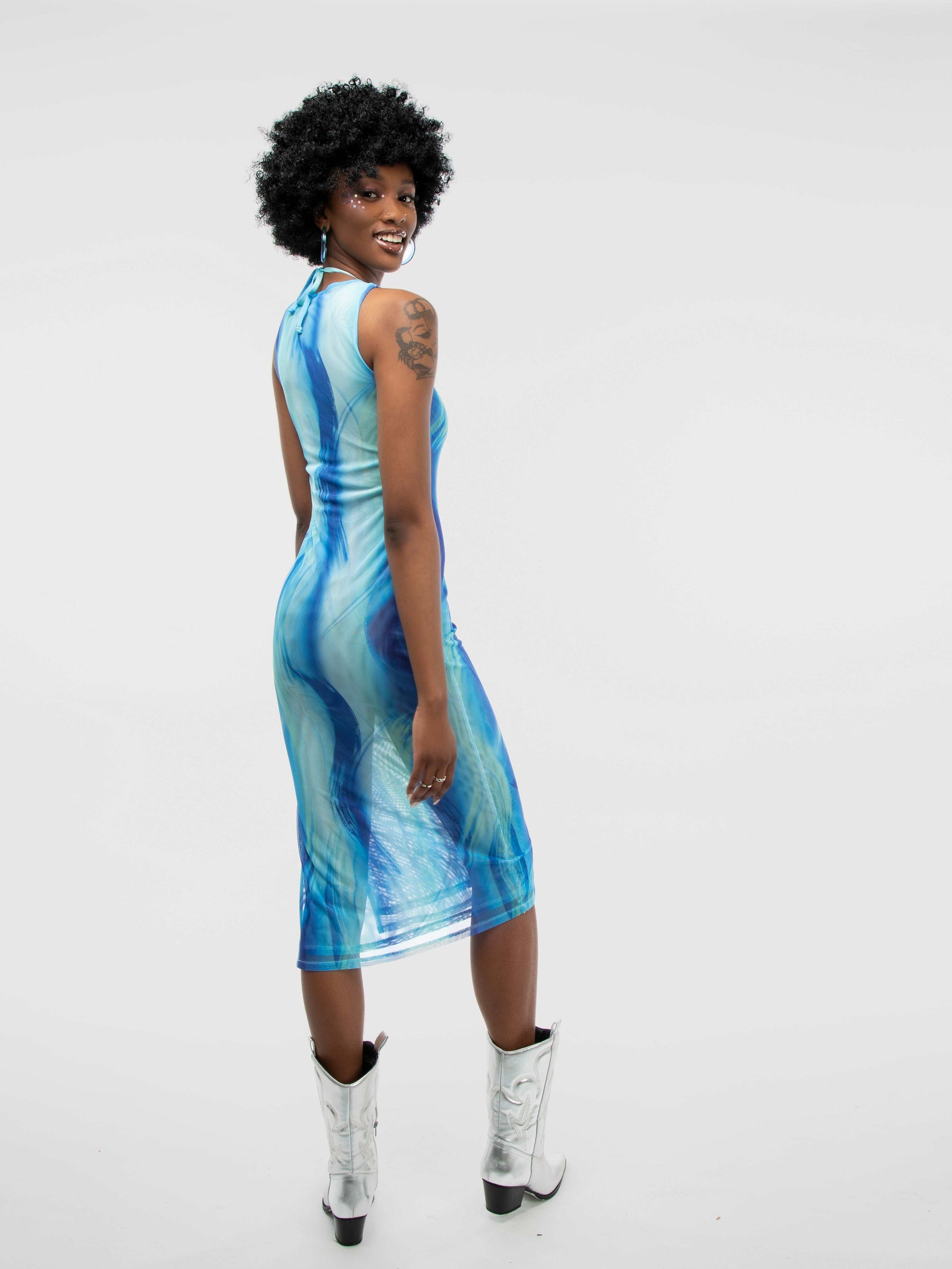 Ombre Blue Mesh Sheer Crew Neck Sleeveless Midi Dress