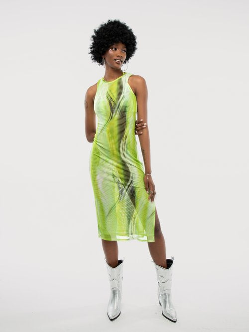 Ombre Mesh Sheer Crew Neck Sleeveless Midi Dress SILKROAD DAUGHTERS