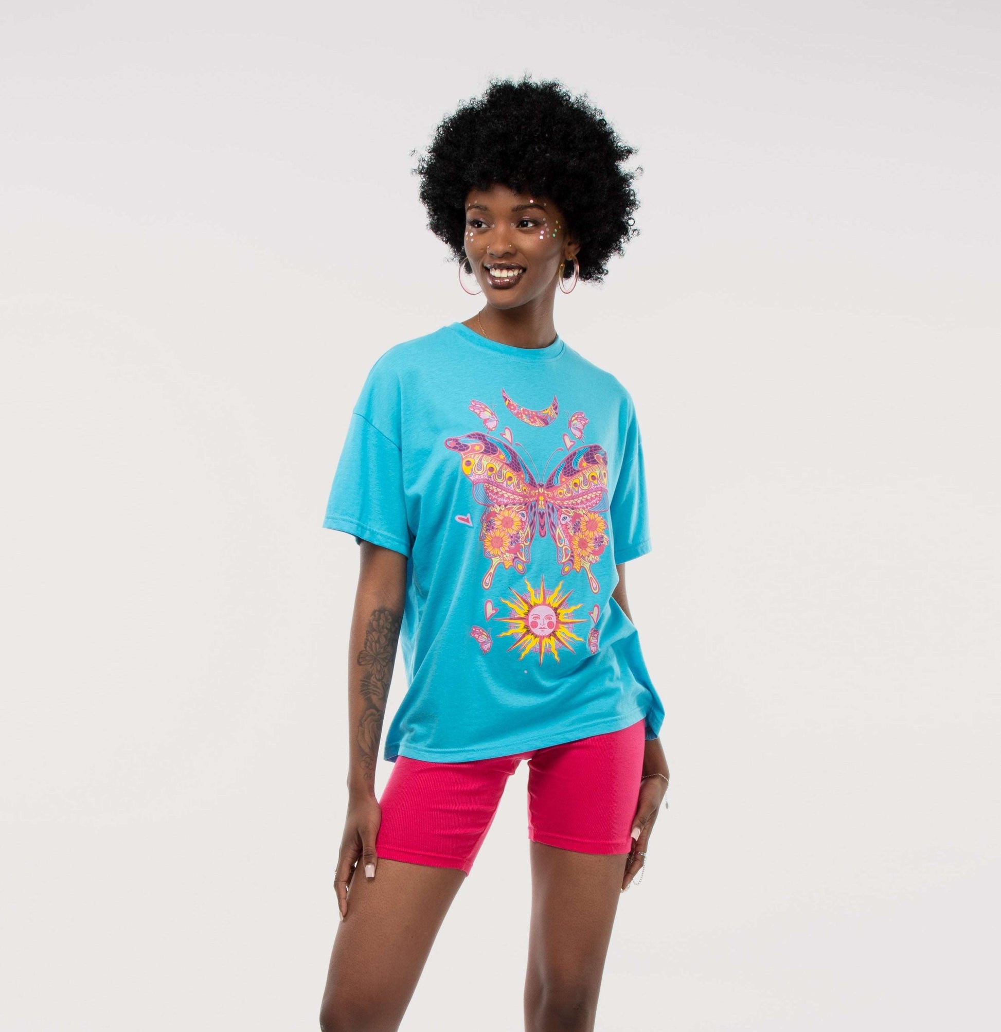 Aqua Blue Colourful Butterfly Print Oversized Tee