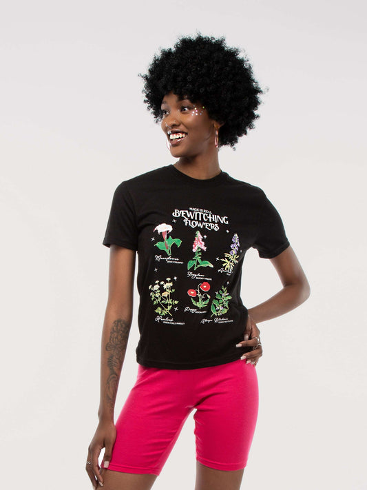 Black Bewitching Flowers Print Basic Short Sleeve Tee