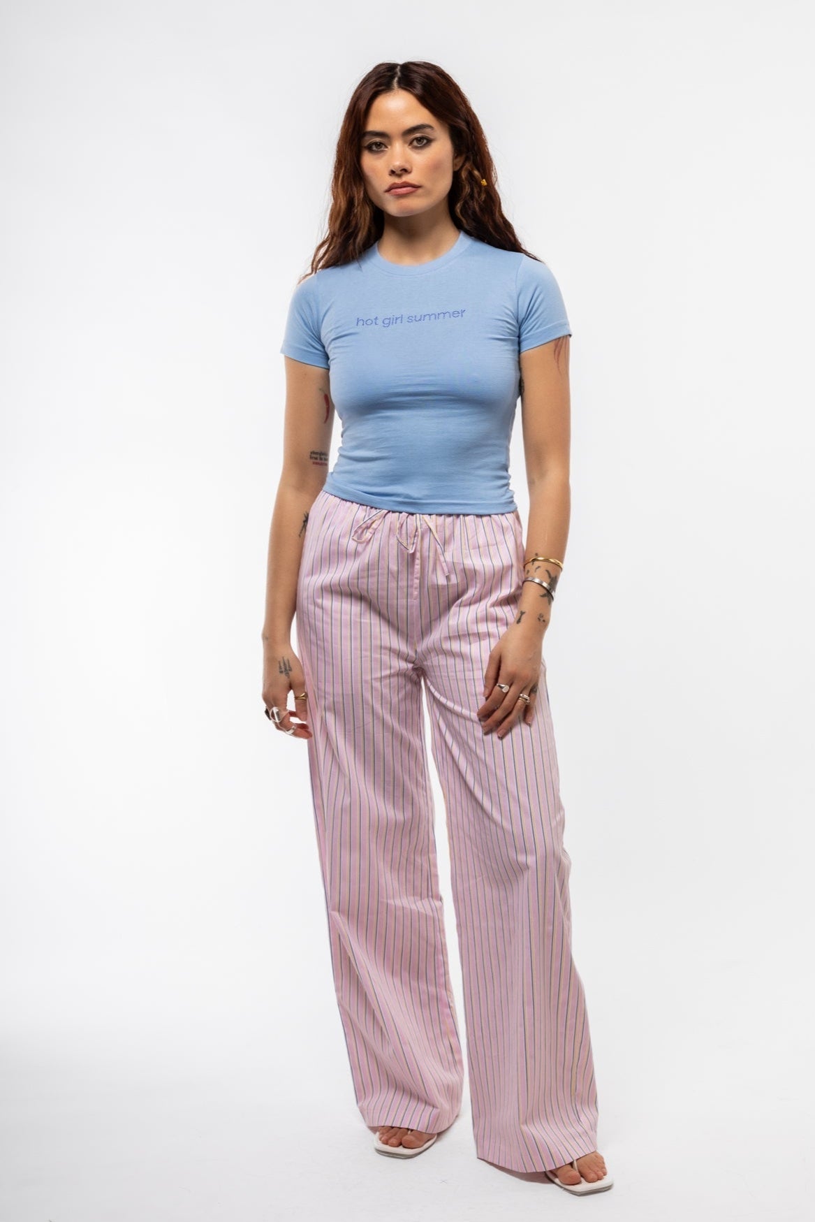 Hot Girl Summer graphic tee front shot showcasing glittering text design and soft cotton crewneck