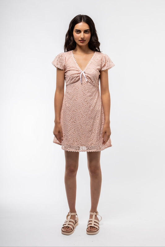 Front: Blush Pink Lace Mini Dress – Front View with Bow
