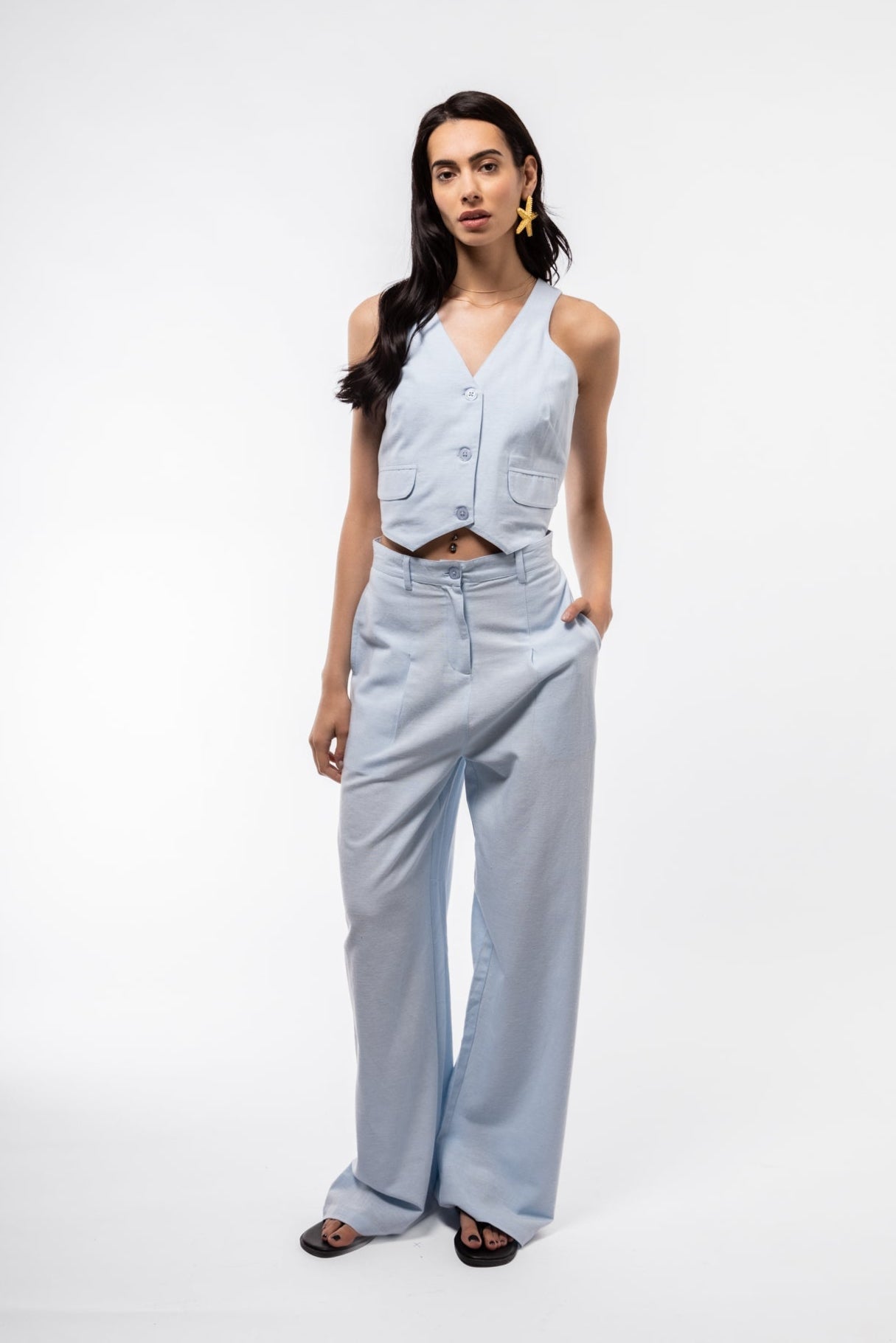 Front Profile View with Model wearing the Light Blue vest in Cotton Blend 