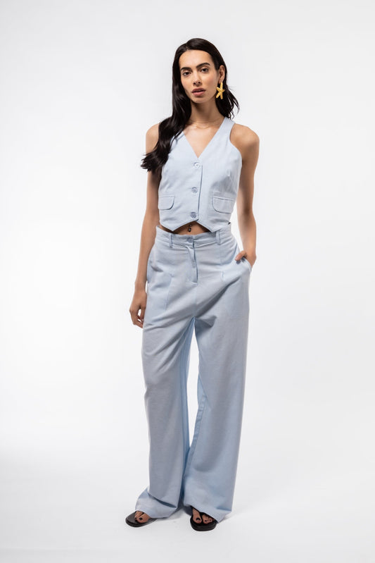 Front Profile View with Model wearing the Light Blue vest in Cotton Blend 