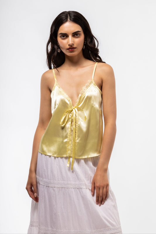 Front View of the Lemon Yellow Satin Top with lace detail 