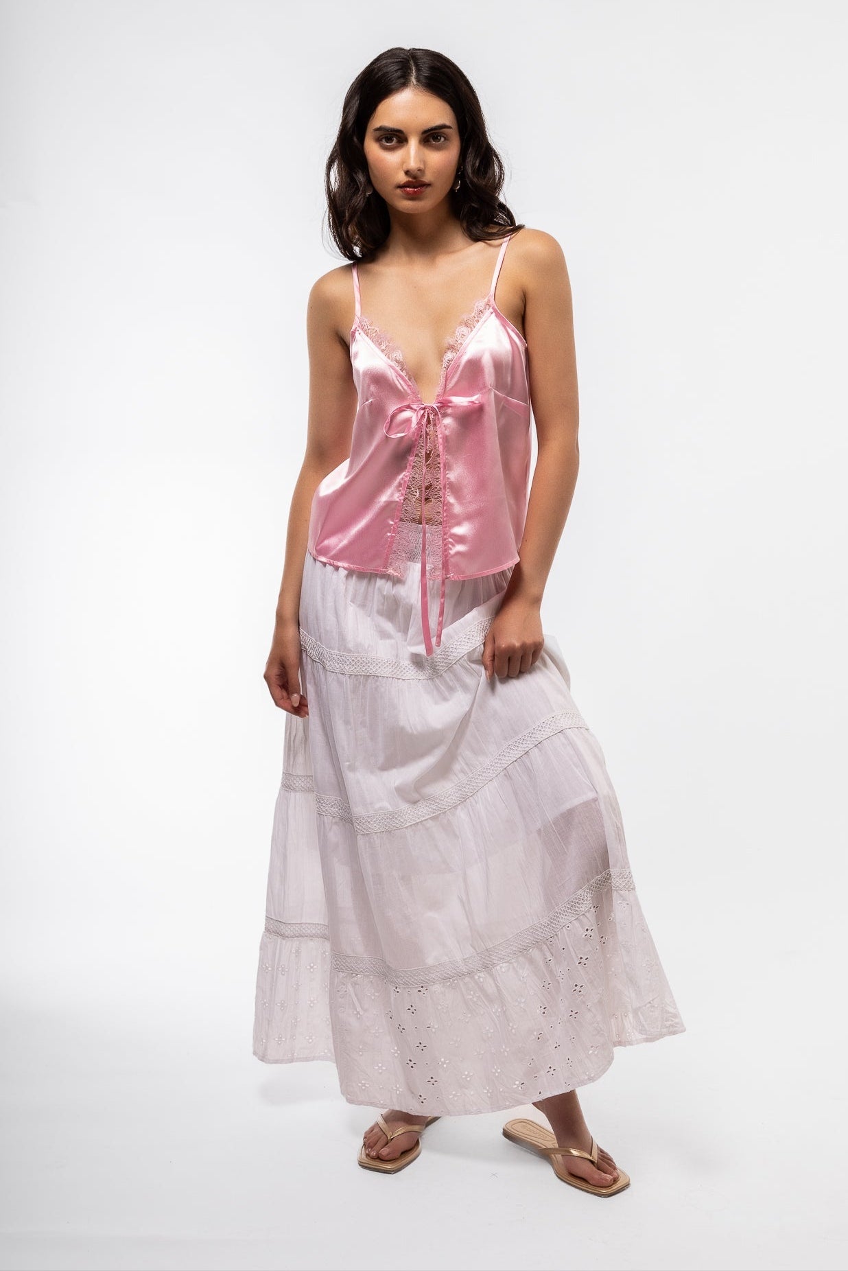 Front View of the Pink Satin top with the lace detailing at the front 