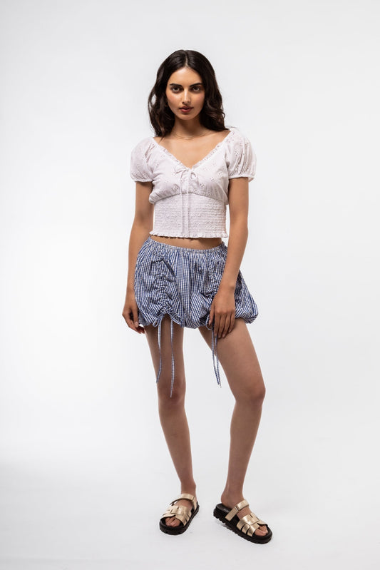 Front View of the Puff ball Skirt in blue gingham 