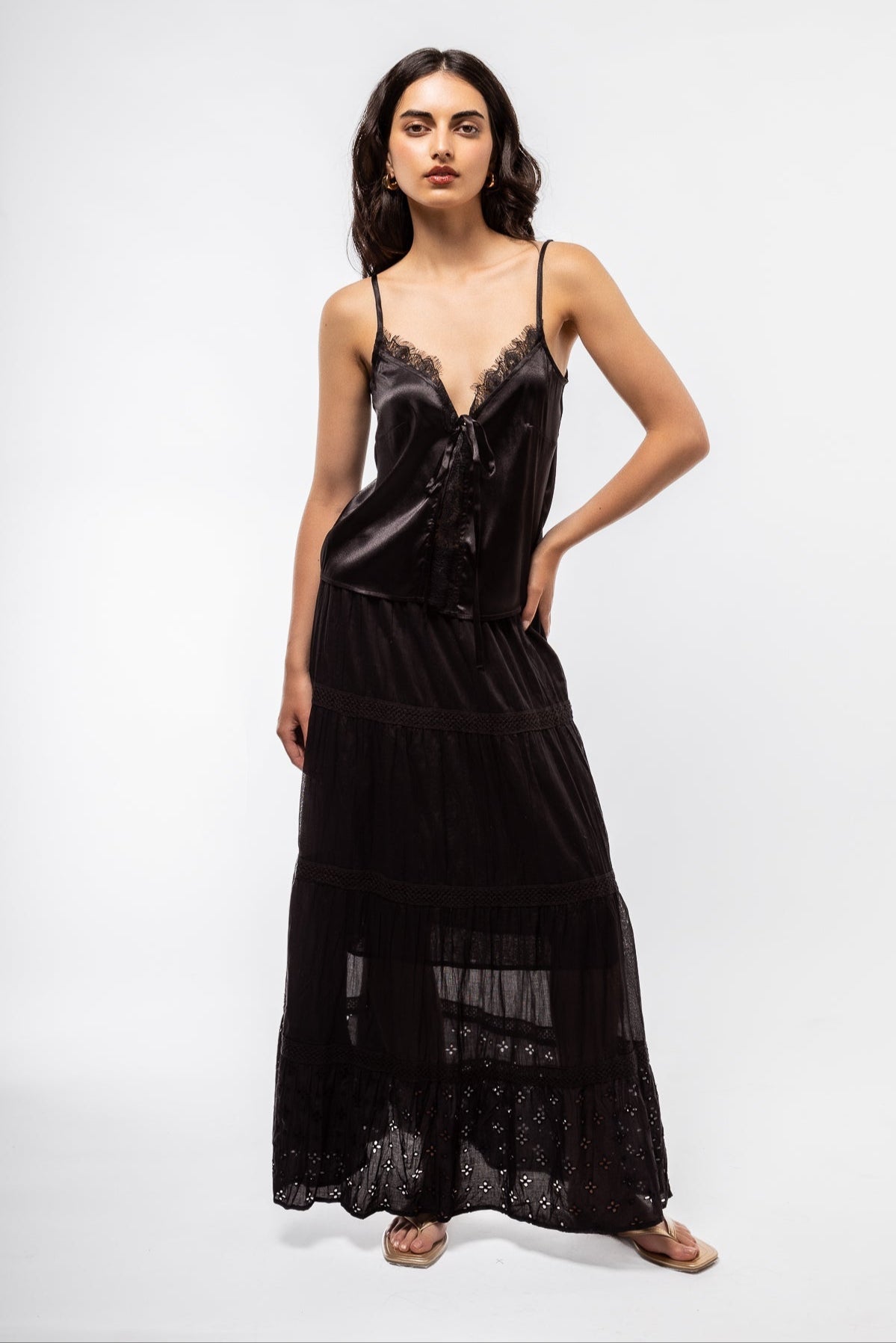 Front View of the Satin Black Cami Top with lace Detail