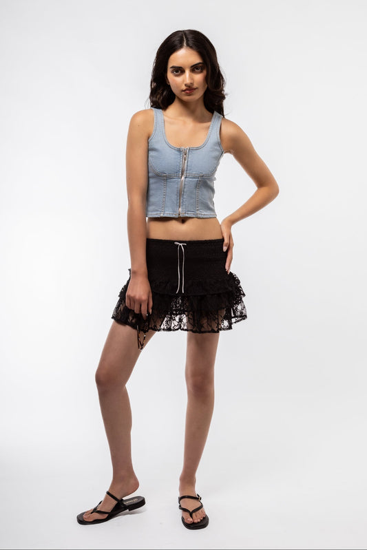 Front View of the Shirring Black Skirt with Ruffle Lace 
