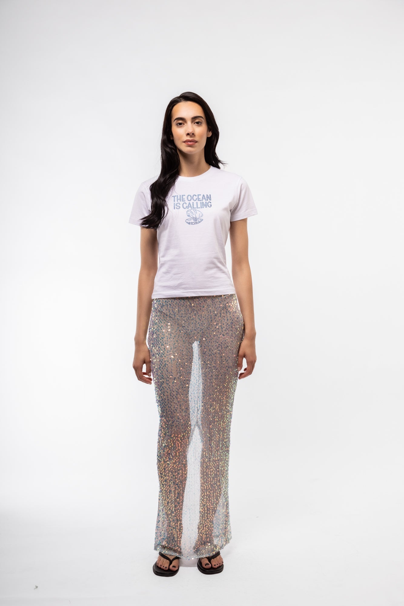 Front look at sparkly sequin knit midi skirt – glam and cozy

