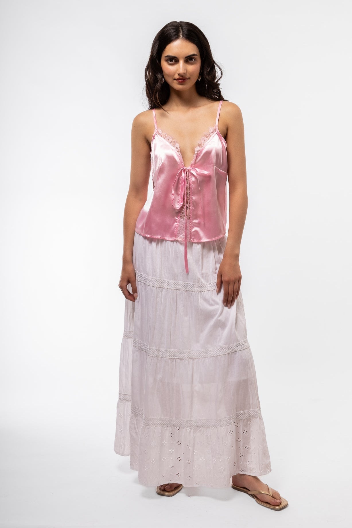 Front vIEW OF THE light pINK satin Top with Lace detail 