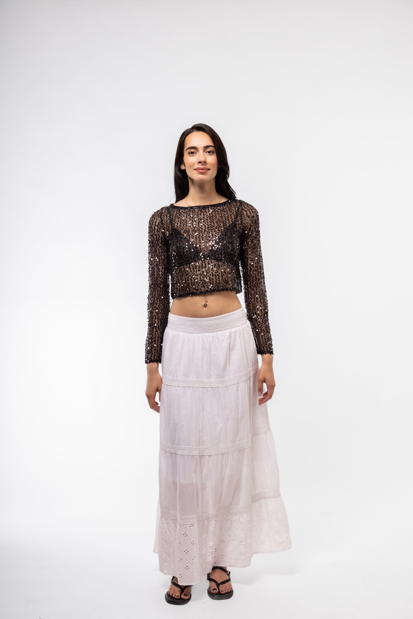 Sparkly sequin-embellished crochet knit top – sleeveless front view

