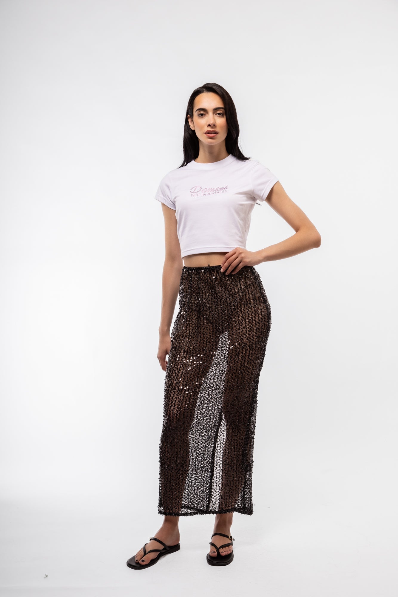 Front look at sparkly sequin knit midi skirt – glam and cozy

