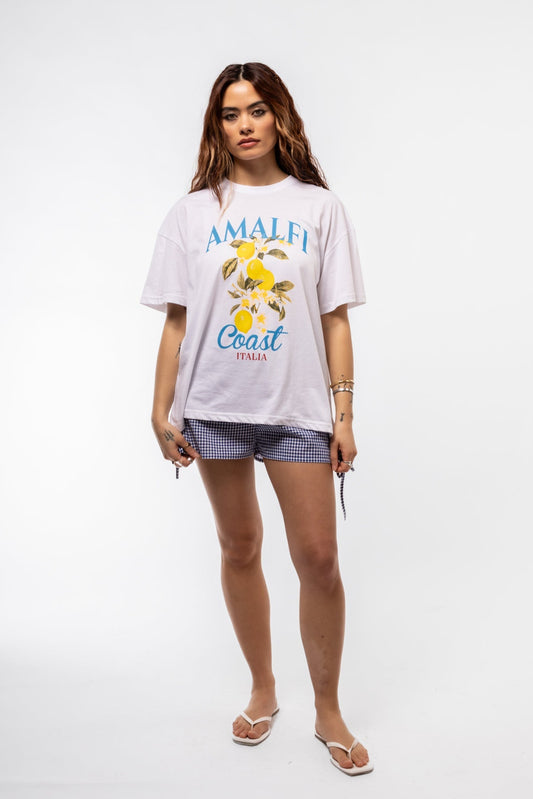 Front view of Amalfi oversized tee featuring bold Amalfi Coast graphic and relaxed, drop-shoulder fit

