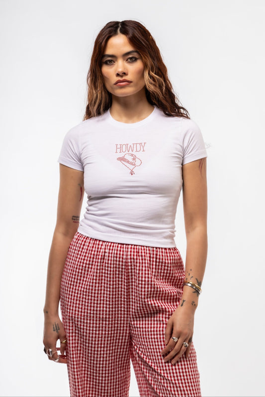 Front view of HOWDY rhinestone tee featuring bold Western-style lettering in sparkling rhinestones

