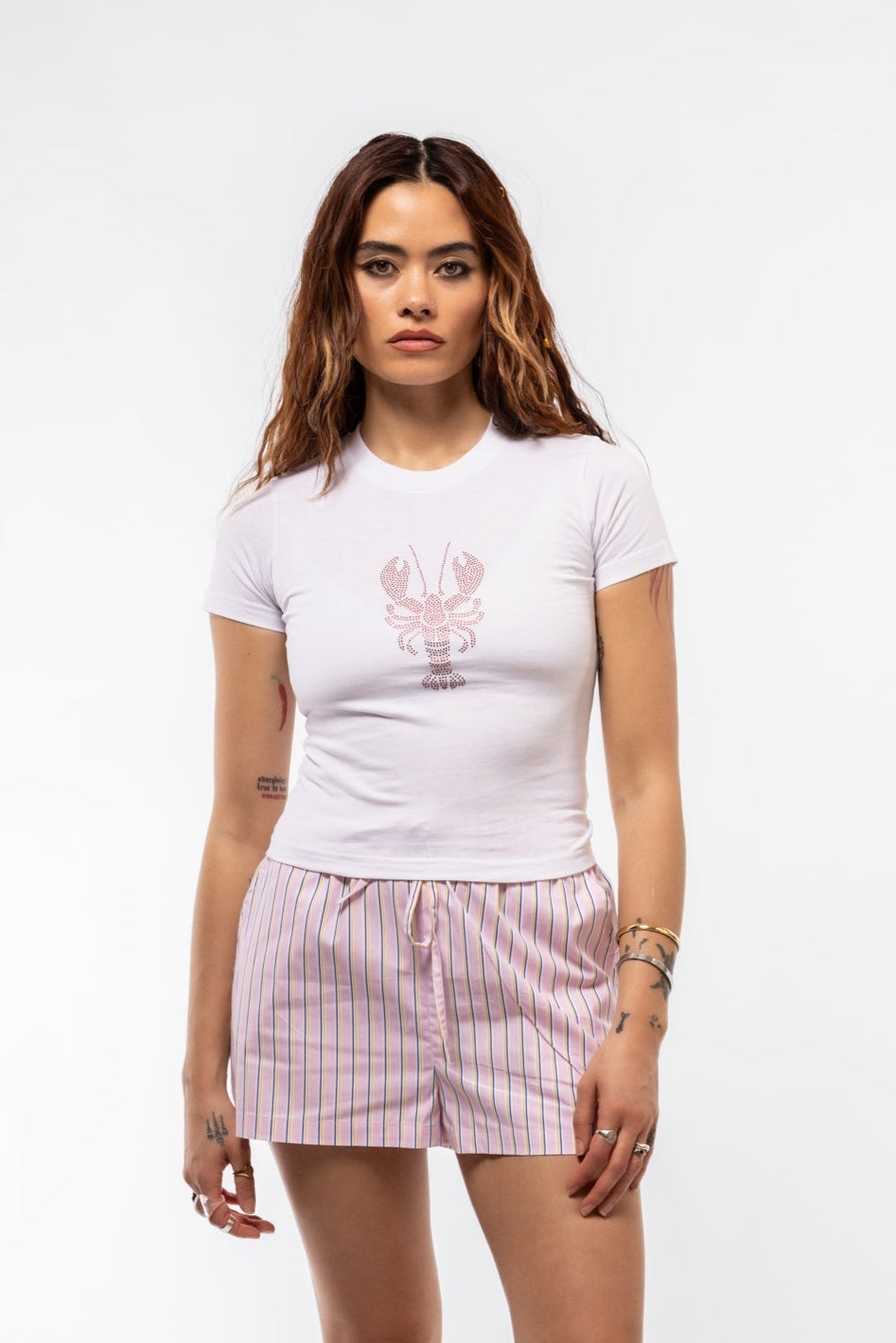 Front view of Lobster rhinestone tee featuring sparkling lobster graphic and classic crewneck cut

