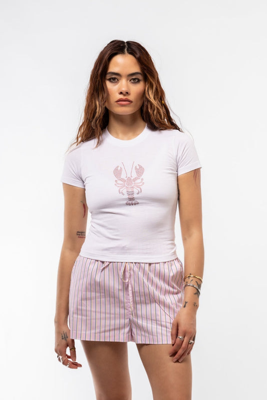 Front view of Lobster rhinestone tee featuring sparkling lobster graphic and classic crewneck cut


