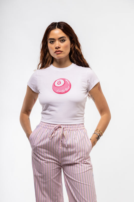 Front view of Lucky 8 Ball graphic tee featuring bold 8 ball print and retro-inspired design

